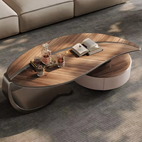 Table basse Hanyee de style nordique moderne en forme de feuille avec base en acier inoxydable, plateau en bois massif et tiroirs pour salon