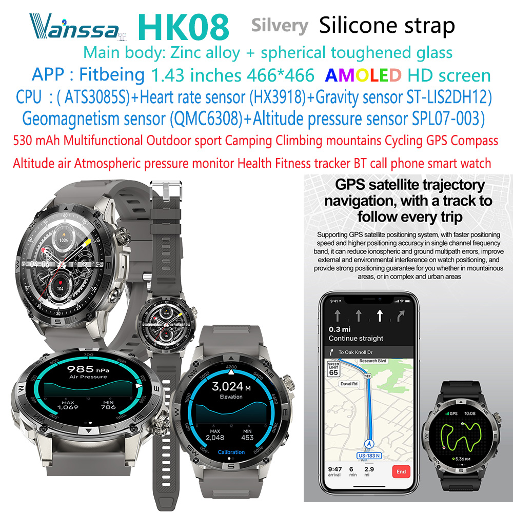 reloj inteligente deportivo para exteriores con altitud HK08-GPS plateado