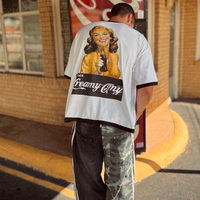 T-shirt à manches courtes en coton lourd surdimensionné avec impression graphique DTG, tricot contrasté, coupe ample, t-shirt à col rond personnalisé pour homme