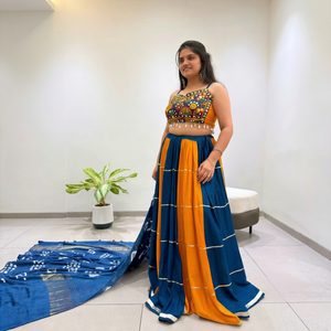 Indian Women's Traditional <b>Lehenga</b> Choli Set Blue Orange Embroidered <b>Crop</b> <b>Top</b> Floor-Length Skirt Party Wear RAYON Loose Fit All - Product Image 1