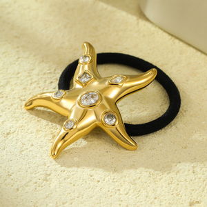 Rarely-seen stainless steel shell sea <b>star</b> headpiece in an arc shape, with 18k gold hair string and metal hair band <b>headband</b> - Product Image 5