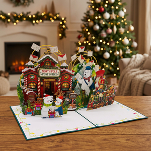 Carte de Noël pop-up 3D, bureau de poste du Pôle Nord, train des ours polaires, impression de dessin animé, artisanat en papier fait main, carte de vœux de Noël - Product Image 1