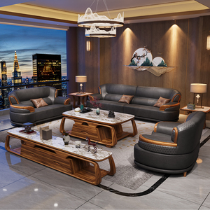 Lujoso juego de sofás de cuero para sala de estar, muebles ligeros de lujo, chapa de madera Wujin 1 + 2 + 3, juego de sofás, muebles - Product Image 5