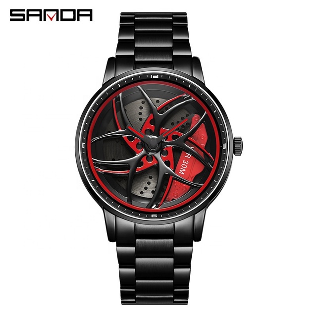 Sanda Stainless Steel Band Sports Rotating Spinning Watch Japan Quartz Waterproof Men Rim Car Wheel Watches