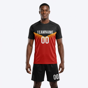 Maillot de football personnalisé sublimé pour homme, rouge et noir, manches courtes, anti-transpiration, coupe athlétique, nom de l'équipe imprimé, toutes saisons - Product Image 2