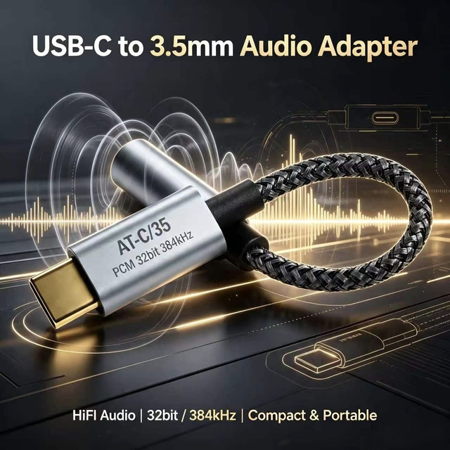 Type-C 3.5mm Audio Adapter USB-C Headphone Aux Jack 32-bit 384kHz UAC2.0 Low Distortion HIFI DAC Decoding DC Output for Laptop