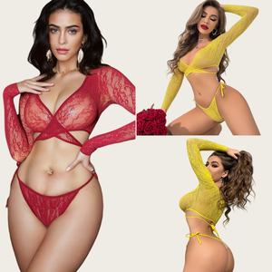 Sıcak satış seksi tığ işi örme Fishnet dantel See Through Bikini seti üst t-pantolon dantel iç çamaşırı Spandex/naylon orta kontrol - Product Image 1