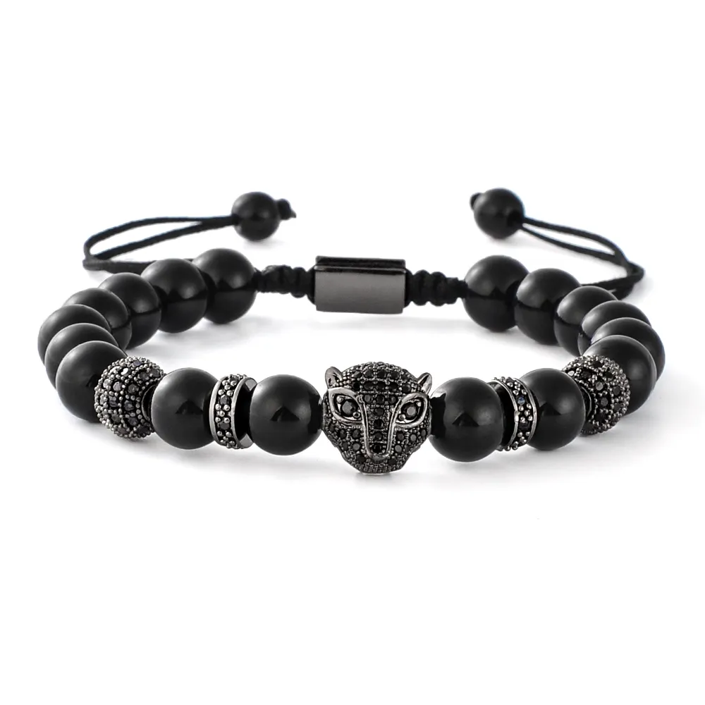 F242 Spacer Beads Bracelet Agate Stone Bracelet for Men Fashion Panther Custom Animal Hand Made Plain Unisex Zircon Black Trendy