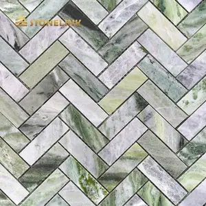 Custom Design Innenwand dekorative Verkleidung Green Jade Wasserstrahl Marmor Mosaik Stahl Mix Marmor Mosaik Fliese