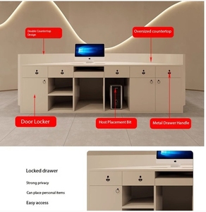 Petit comptoir de réception Institut de luxe Spa commercial <span class=keywords><strong>Banque</strong></span> incurvée Comptoir de réception de bureau en bois avec mur arrière - Product Image 3
