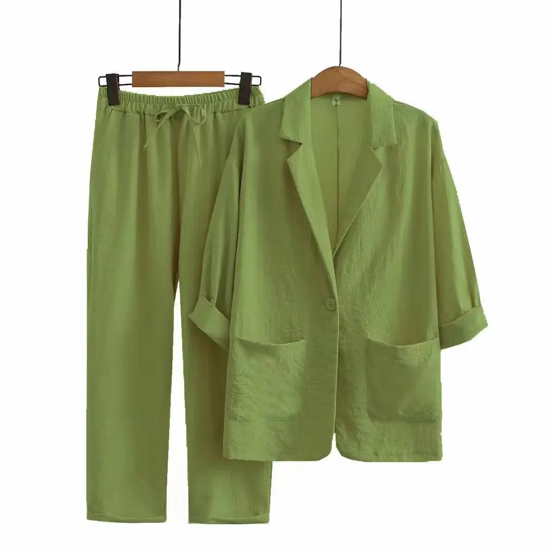 Setelan jaket + celana longgar wanita, setelan pakaian 2 potong untuk kerja, atasan kasual Mode