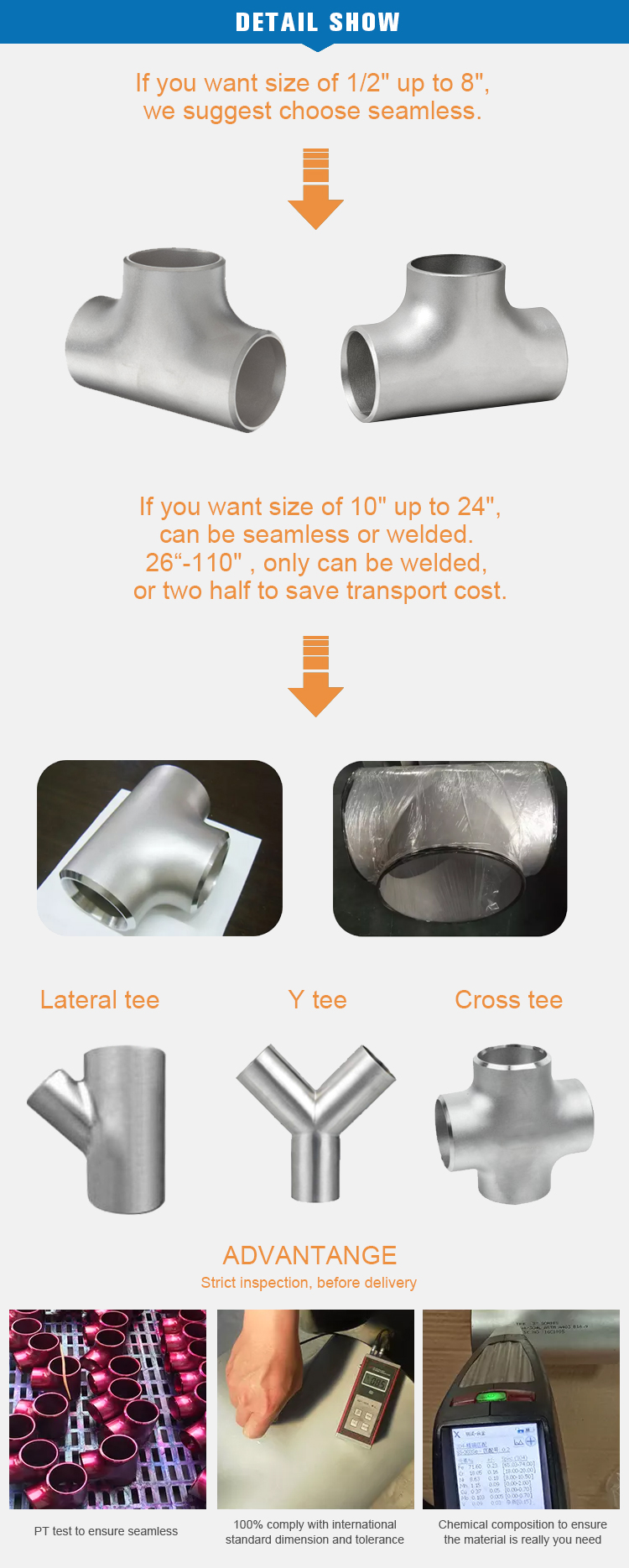 Stainless steel 90 degree asme fabricated equal tee astm b363 gr.2 titanium equal tee