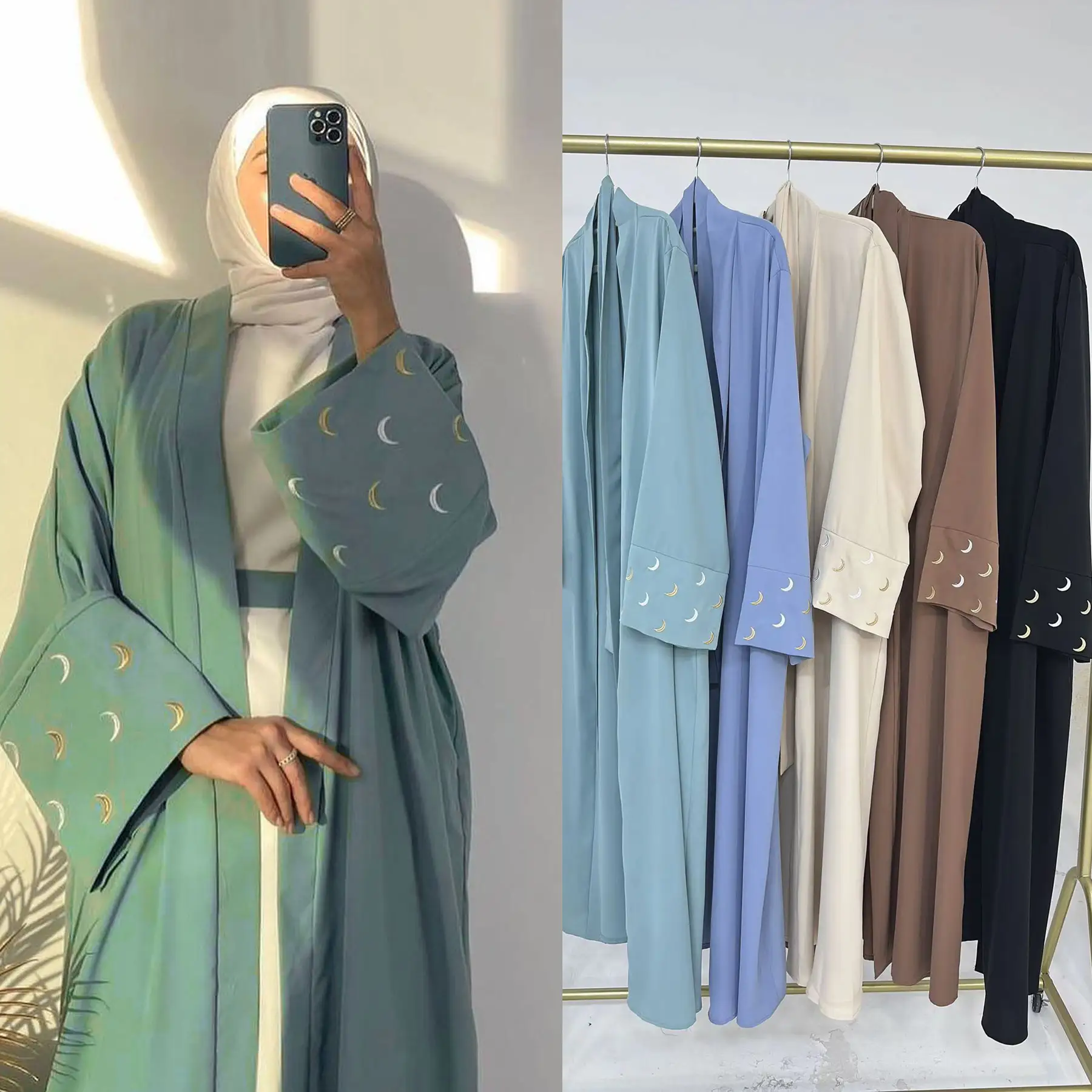 Abbigliamento islamico all'ingrosso Kimono da donna Open Abaya Muslim abiti da donna lune ricamo EID Nida Abaya