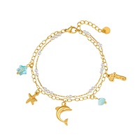 Pulsera de Acero Inoxidable de Doble Capa con Dijes de Delfín y Estrella de Mar, Chapada en Oro PVD de 18K, Resistente al Deslustre, Joyería Impermeable para Viajes a la Playa