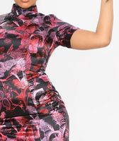 Gaun Mini Satin Cheongsam Gaya Cina dengan Belahan Tinggi, Rok Pendek Seksi Model Bodycon untuk Wanita