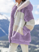 Manteau ample à capuche avec poche zippée en patchwork chaud et doux pour femmes, automne/hiver