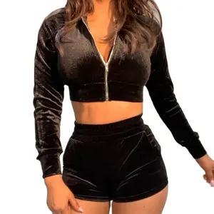 Spring Summer Stylish Skinny Jogging Set Custom Sexy Women Velvet Zipper Up 2 Piece Set Velour Crop Top Hoodie Shorts Set