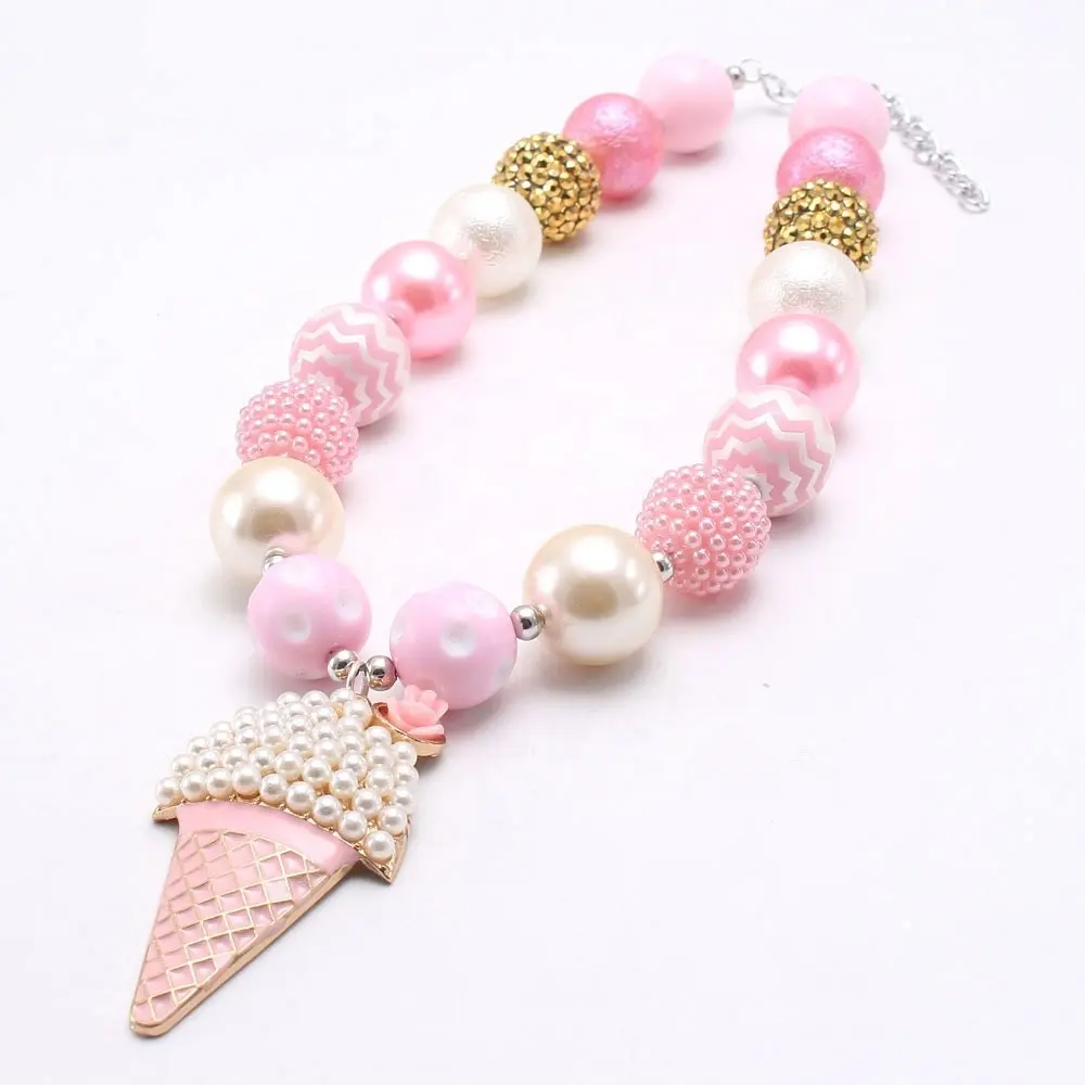 Girls Cute Ice Cream Pendant Necklace Baby Kids Pink Chunky Beads Necklace Jewelry For Party Gift