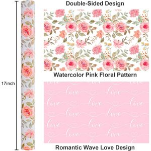 <b>Pink</b> Floral Wrapping Paper 17 In X 16.5 Ft Reversible Love Design For Bridal Shower Valentine's Day Wedding Gift <b>Wrap</b> - Product Image 4