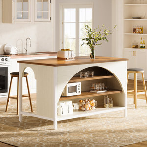 Isla de cocina arqueada SENYU con estantes abiertos, blanca y de madera, estilo moderno de granja, mesa de preparación y almacenamiento - Product Image 1