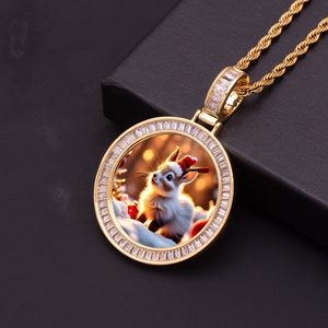 38mm foto di moda memoria ghiacciata CZ Charm collana Baguette zircone <span class=keywords><strong>gatto</strong></span> per animali domestici sublimazione cornice ciondolo oro placcato ottone - Product Image 5