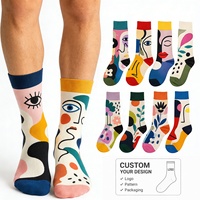 Chaussettes en coton peigné tricotées jacquard personnalisées avec logo, style Picasso abstrait artistique, fantaisie et amusantes, vente en gros