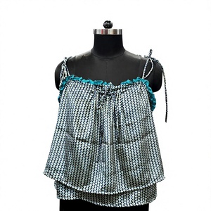 Printed Ruffle Strap Geometric Print <b>Tie</b>-Up Camisole Boho Short-Sleeved Top Ruffle <b>Neck</b> <b>Tie</b>-Front Summer Casual Shorts - Product Image 2