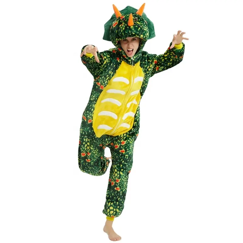 Karikatür hayvanlı pijama pazen Cosplay yeşil dinozor aslan kral pijama yetişkin parti giyim gecelik kadın rahat dokuma