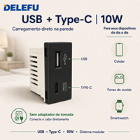 Prise murale modulaire noire DELEFU pour usage domestique et hôtelier SC78, panneau en verre C3 PC, modules USB Type-C