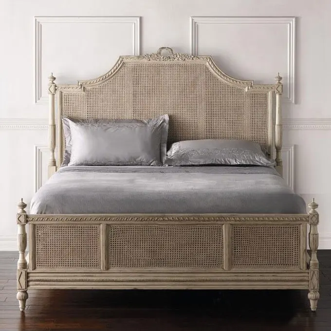 गर्म बेच फ्रेंच देश विंटेज बिस्तर कमरे में फर्नीचर लकड़ी रतन विकर गन्ना राजा रानी आकार बिस्तर