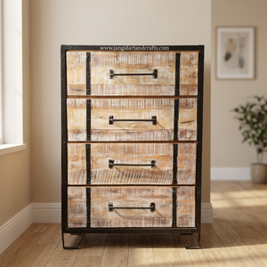 Mesa de Almacenamiento Vintage Industrial de Madera de Mango con 4 Cajones, Patas Metálicas y Tiradores, Mueble para Sala de Estar, Artesanía Jangid, Hogar Rajasthan - Product Image 1