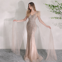 Robe de soirée sirène en plumes couleur champagne, col en V profond, manches cape ornées de perles et de sequins, longueur ras du sol, robe de fête, vente en gros sur mesure