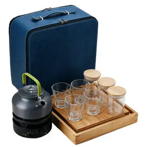 Bepergian Set teh luar ruangan, penyimpanan kecil cangkir teh nampan teh dengan kompor untuk air mendidih