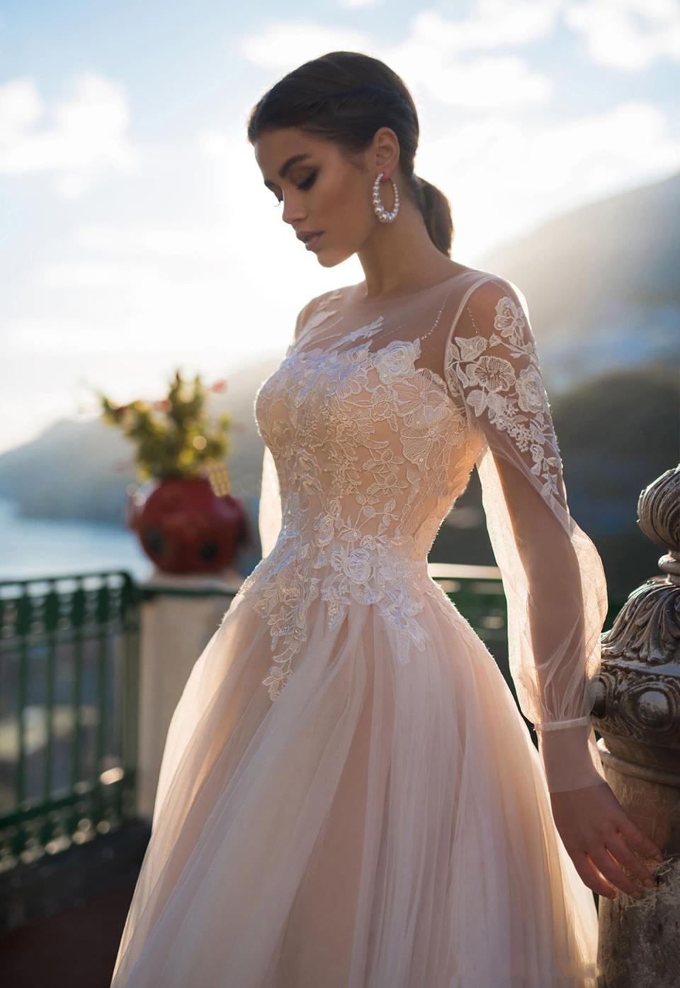 Champagne A-Line Wedding Dresses with Lace Appliques, Button Back, and Puff  Sleeves  Perfect for Beach Weddings and Maternity