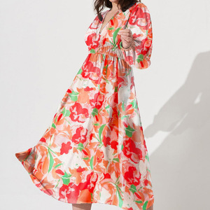 Vestidos Midi Casuales de Manga Larga con Estampado Profundo en V y Cintura Alta para Mujer - Product Image 1