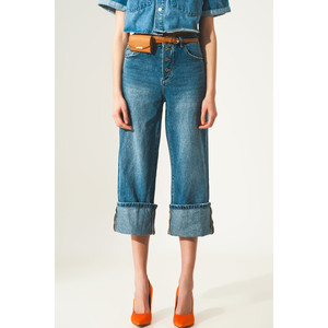 Jeans Rilassati con Orlo Arrotolato e Bottoni a Vista in Blu - Product Image 2