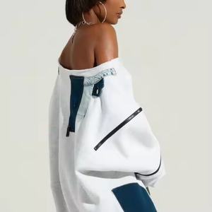 Vestido de suéter de talla grande a bajo precio para mujer, informal, oversize, de manga larga, de felpa francesa, con parches de algodón y mezclilla, para otoño. - Product Image 2