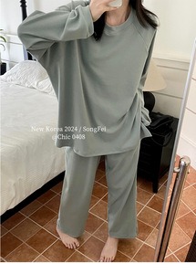 Autunno/inverno nuovo ampio pigiama solido femminile con coulisse girocollo Pullover Homewear per donna - Product Image 4