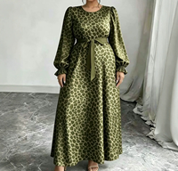 Robe Abaya Maxi Musulmane R-883 Premium Faite à la Main, Vêtement Islamique de Prière Modeste à Manches Longues Imprimé Léopard, Style Dubaï