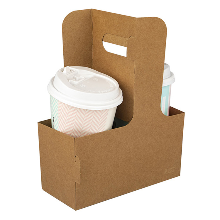 Customized Take Away Hot Drink Coffee Tea Cup Holder Cup Holder with Handle Kraft Paper Disposable Craft Paper Food Tray AcceptPopular