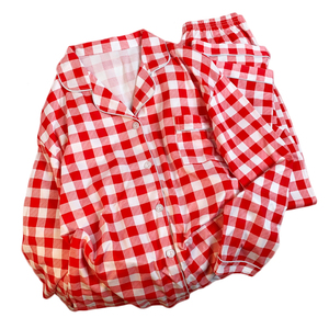 Spring and Autumn Long-sleeved Trousers Two-piece Home Wear Lapel Cardigan Plaid Printed Pajamas