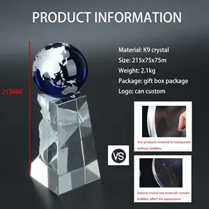 Hitop Wholesale Custom Company Award Use Blue Globe Crystal Trophy On Crystal Pedestal Base