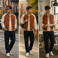 Blouson universitaire personnalisé en laine pour homme, bicolore crème et rouille, avec boutons-pression, poignets et ourlet côtelés, style Letterman, baseball, universitaire, décontracté, avec patchs