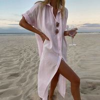 Robe longue en lin pour femme, style kimono, décontractée, à manches courtes, avec boutons, idéale comme cache-maillot de bain, concept simple pour le dropshipping