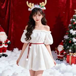 Robe de Noël blanche à épaules dénudées, coupe trapèze, avec bandeau tête de renne, tenue de fête de fin d'année - Product Image 1