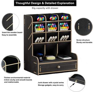 Desktop stazionario in legno nero Organizer da scrivania multifunzione da te porta penne facile montaggio con cassetto per l'home Office - Product Image 5