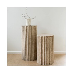 Natural Stone Modern Home Furniture Decoration Fluted Side Table Beige Travertine Plinth for Indoor <b>Vase</b> <b>Stand</b> Decor - Product Image 1