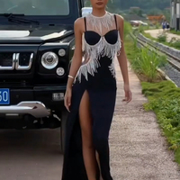 Robe longue de soirée élégante pour femme, sans manches, avec franges métalliques personnalisées, noire unie, taille évidée, sexy, fendue, pour bal de promo
