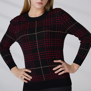 Suéter de Punto Personalizado de Fábrica, 100% Lana, para Mujer, Manga Larga, Cuello Redondo, Diseño a Cuadros - Product Image 4