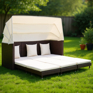 Canapé-lit de jardin en rotin PE brun avec auvent, structure en acier thermolaqué, ensemble de meubles d'extérieur au design contemporain - Product Image 2